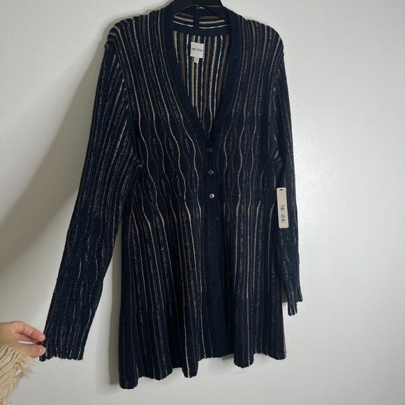 Nic + Zoe Womens Cardigan Sweater L Blue Striped Button Front Cotton Blend NWT - Picture 1 of 9